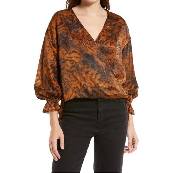 NWT AllSaints Penny Grizedale Cat Print Silk Blouse Copper Black Size 0 | XS NEW - Picture 1 of 13